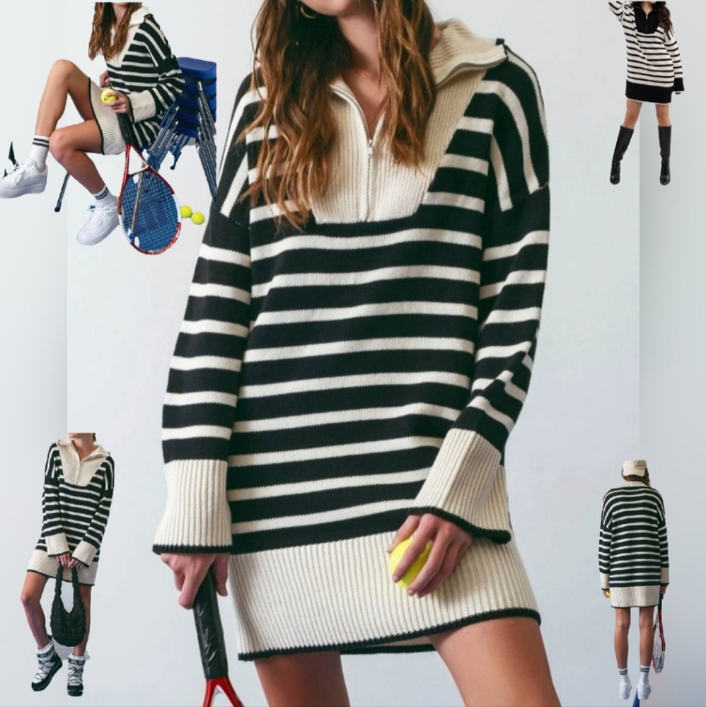 #11483 🛑S, M, L Fabulous Striped Collared Knit Sweater Dress